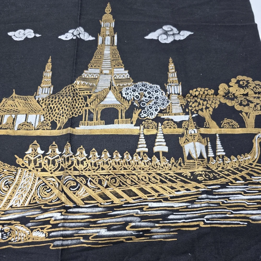 Vintage Thai Silk Scarf Panel Gold Temple Boat Scene Black 20x18